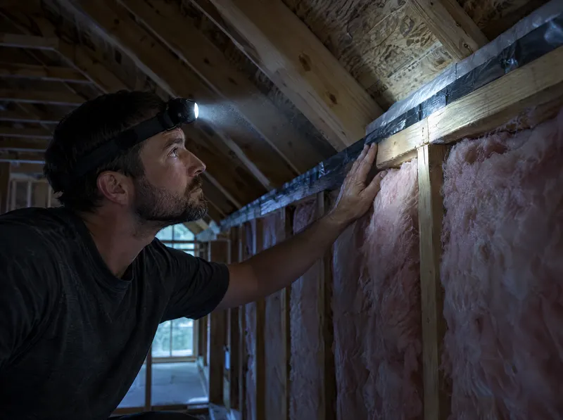 Inspector with a headlamp checking the air barrier and insulation in an attic