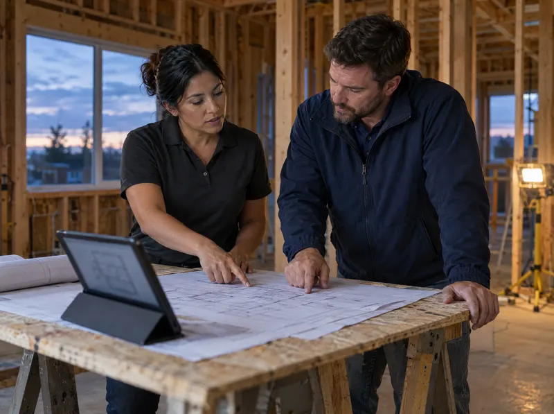 Energy consultant and builder reviewing plans at a jobsite table
